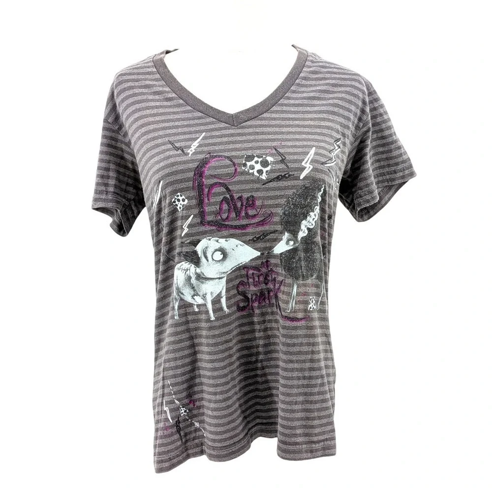 Disney Corpse Bride T Shirt‎ Emily Graphic Striped V Neck Goth L